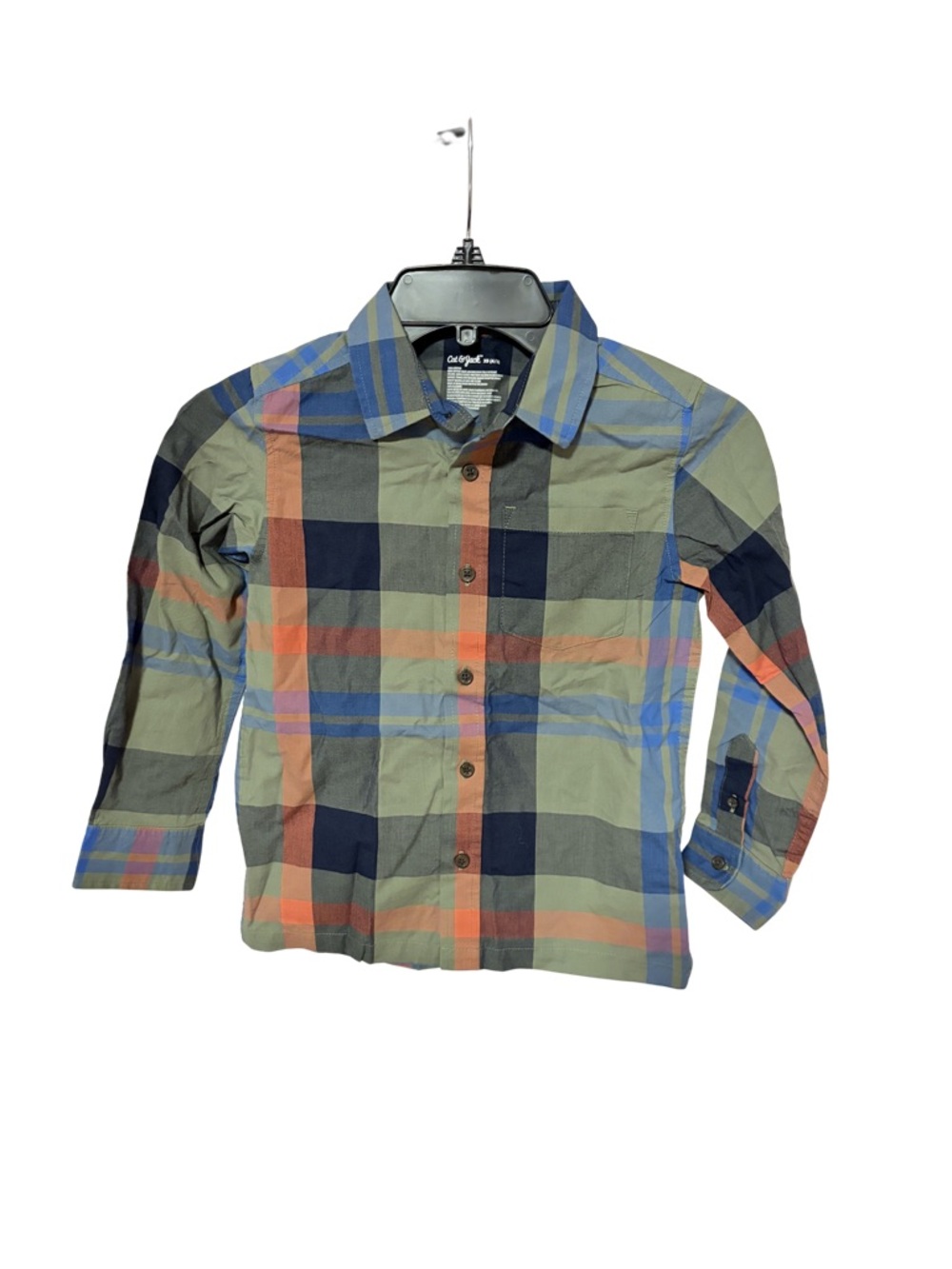 NWT Boys XS (4/5) Cat & Jack Olive, Blue, Orange Plaid Button Down 100% Cotton